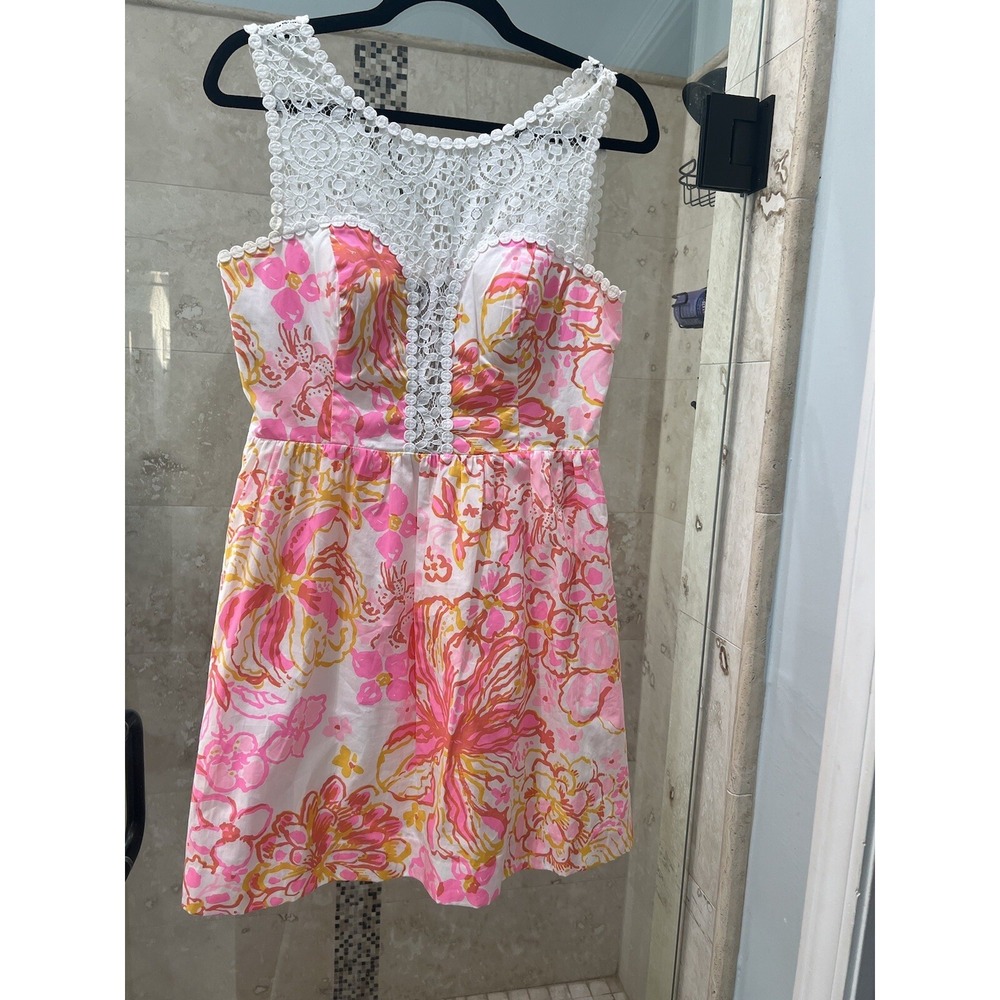Lilly Pulitzer Raegan Dress Happiness Is Resort Fit Flare Lace Pockets Pink 4